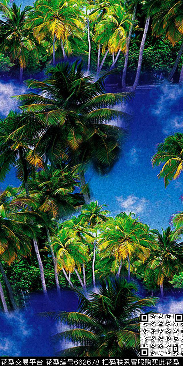 天空椰树风景数码印花华亿平台下载（图片编号: 662678） - 瓦栏（Walan）