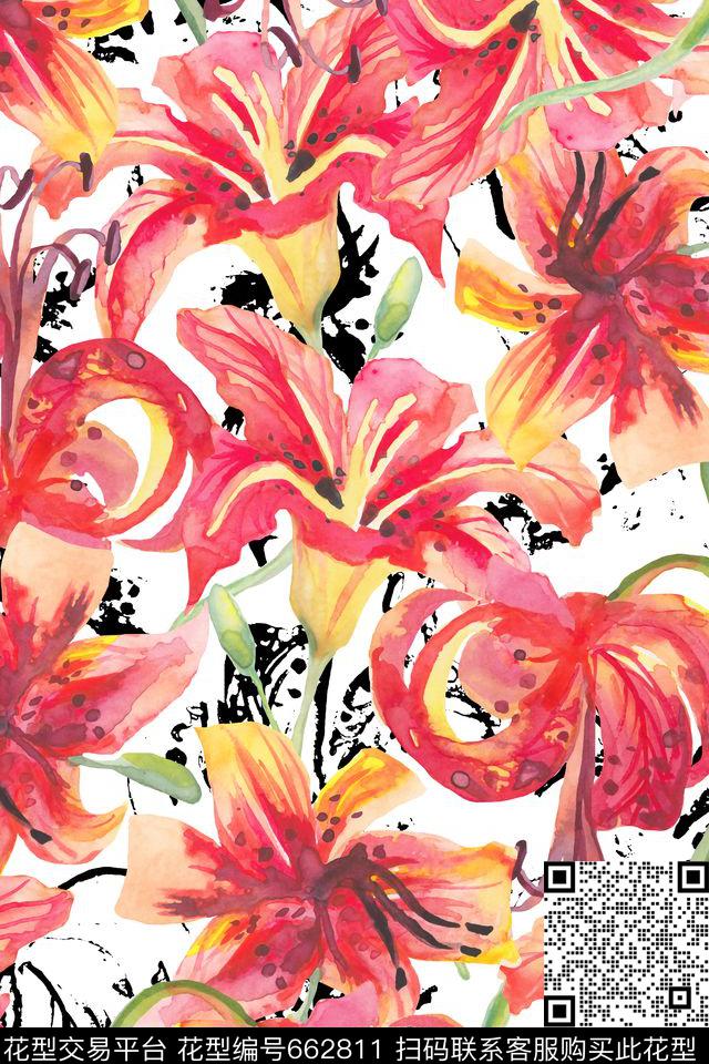 黑白底手绘花卉醒目花卉数码印花华亿平台下载（图片编号: 662811） - 瓦栏（Walan）