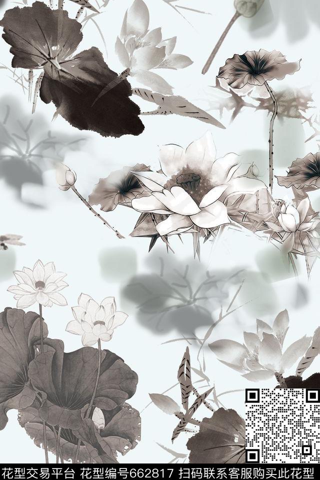 水墨荷花蜻蜓数码印花华亿平台下载（图片编号: 662817） - 瓦栏（Walan）
