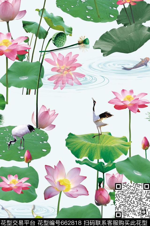 花鸟荷花鹤数码印花华亿平台下载（图片编号: 662818） - 瓦栏（Walan）