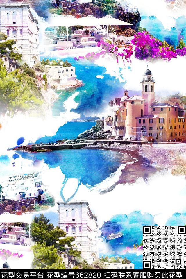 建筑水彩绚丽多彩数码印花华亿平台下载（图片编号: 662820） - 瓦栏（Walan）