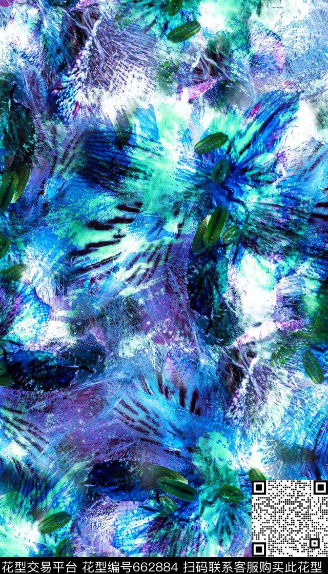 抽象数码花卉蓝色泳装数码印花华亿平台下载（图片编号: 662884） - 瓦栏（Walan）