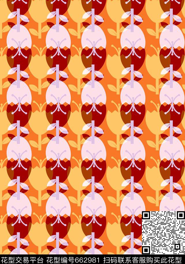 简约花卉组合郁金香传统印花华亿平台下载（图片编号: 662981） - 瓦栏（Walan）