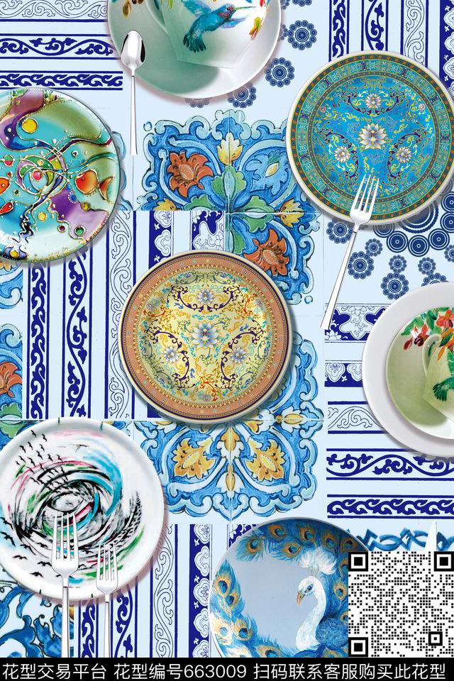 餐具青花泳装数码印花华亿平台下载（图片编号: 663009） - 瓦栏（Walan）