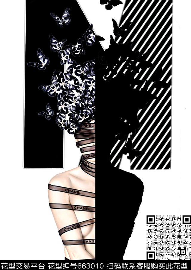 蝴蝶与人像单幅印花图案T恤印花数码印花华亿平台下载（图片编号: 663010） - 瓦栏（Walan）