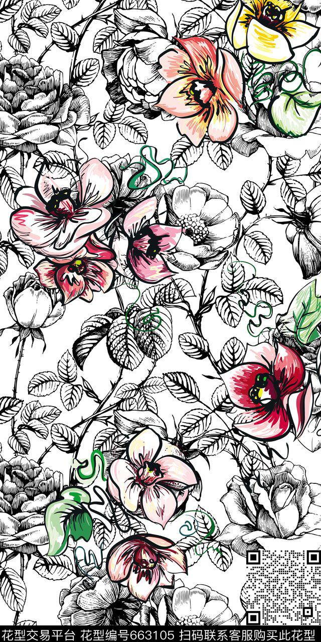 花卉几何纯净传统印花华亿平台下载（图片编号: 663105） - 瓦栏（Walan）