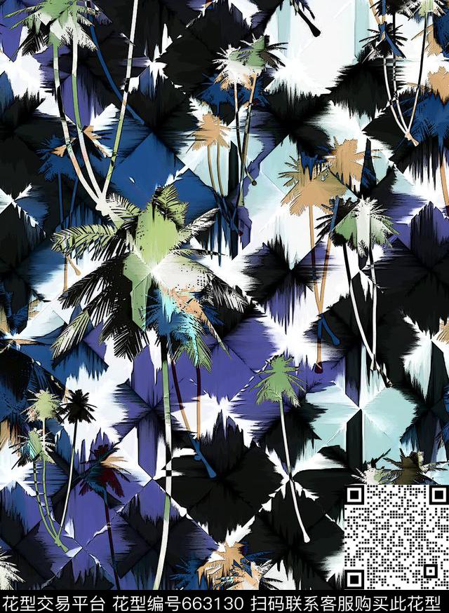 热带棕榈树手绘椰树传统印花华亿平台下载（图片编号: 663130） - 瓦栏（Walan）