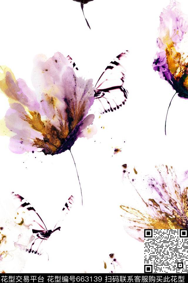 抽象花卉笔触蝴蝶数码印花华亿平台下载（图片编号: 663139） - 瓦栏（Walan）