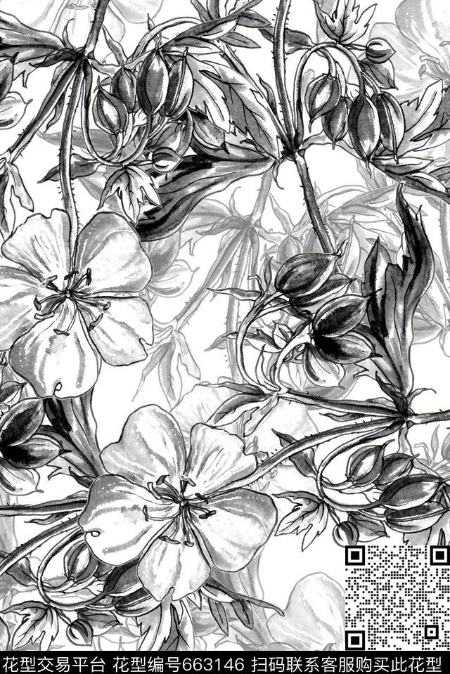 黑白素描花卉数码印花华亿平台下载（图片编号: 663146） - 瓦栏（Walan）