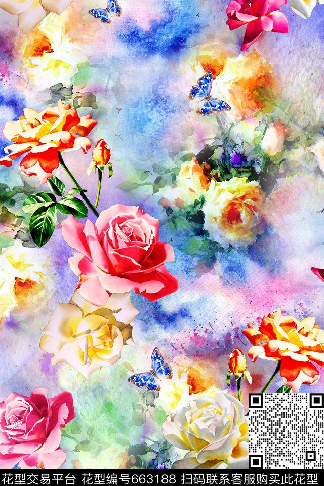 花朵花卉水彩数码印花华亿平台下载（图片编号: 663188） - 瓦栏（Walan）