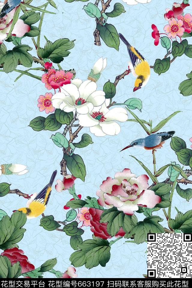 手绘花鸟花鸟花卉数码印花华亿平台下载（图片编号: 663197） - 瓦栏（Walan）