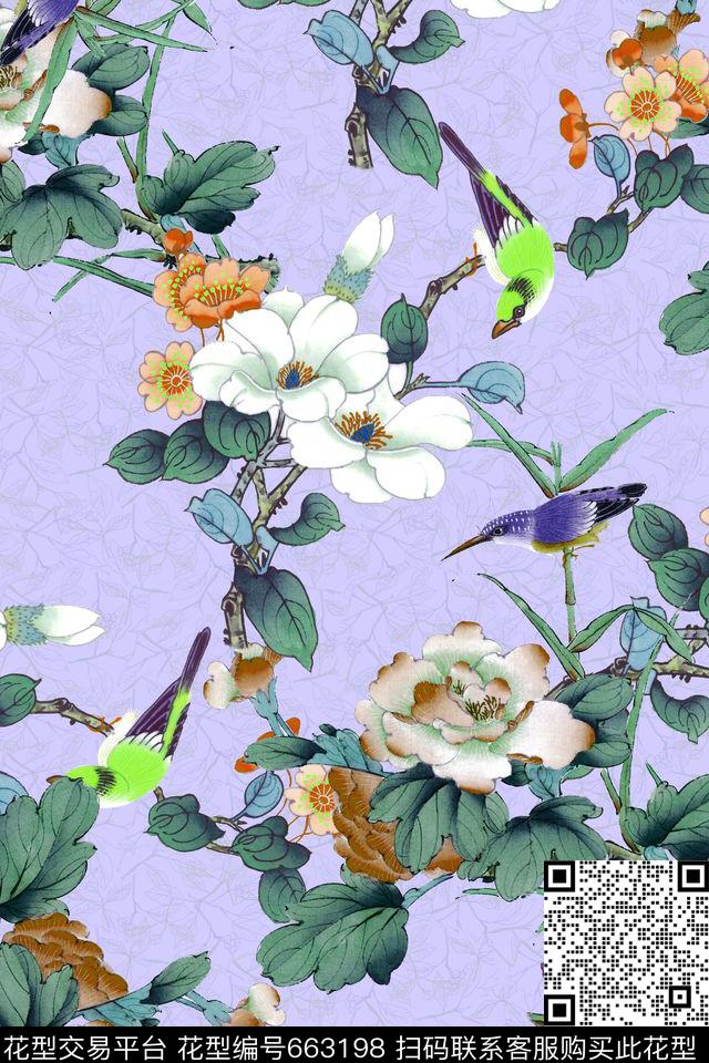 手绘花鸟花鸟花卉数码印花华亿平台下载（图片编号: 663198） - 瓦栏（Walan）