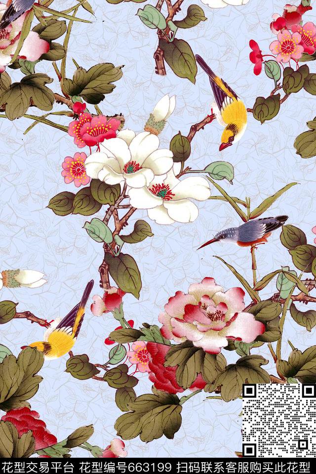 手绘花鸟花鸟花卉数码印花华亿平台下载（图片编号: 663199） - 瓦栏（Walan）