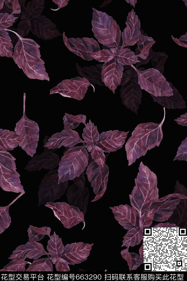 植物叶子紫苏数码印花华亿平台下载（图片编号: 663290） - 瓦栏（Walan）