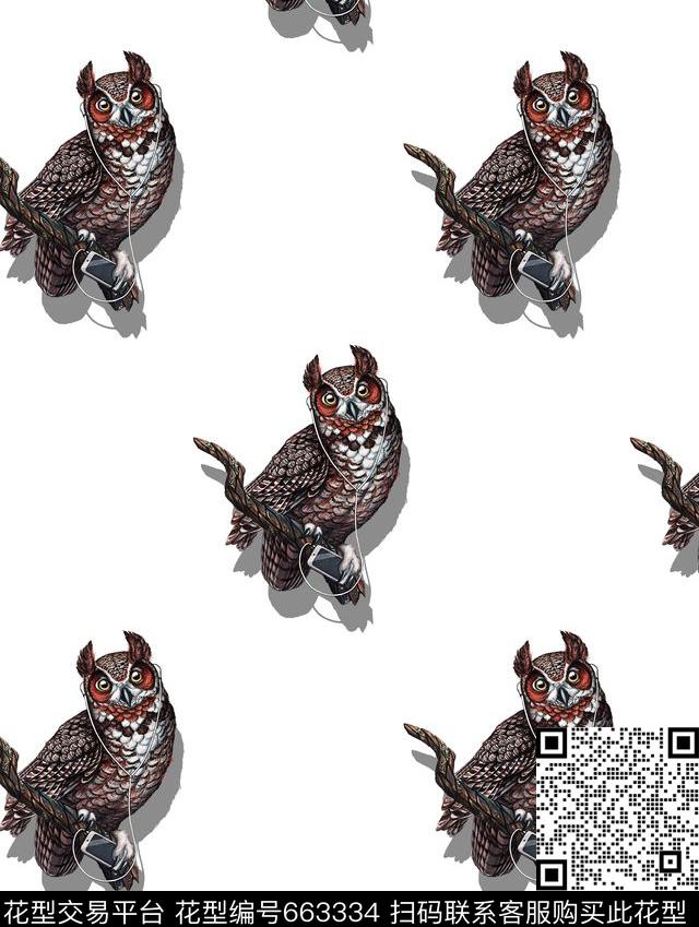 手绘猫头鹰鸟数码印花华亿平台下载（图片编号: 663334） - 瓦栏（Walan）