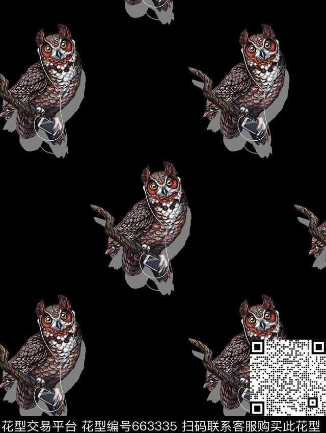 手绘猫头鹰鸟数码印花华亿平台下载（图片编号: 663335） - 瓦栏（Walan）