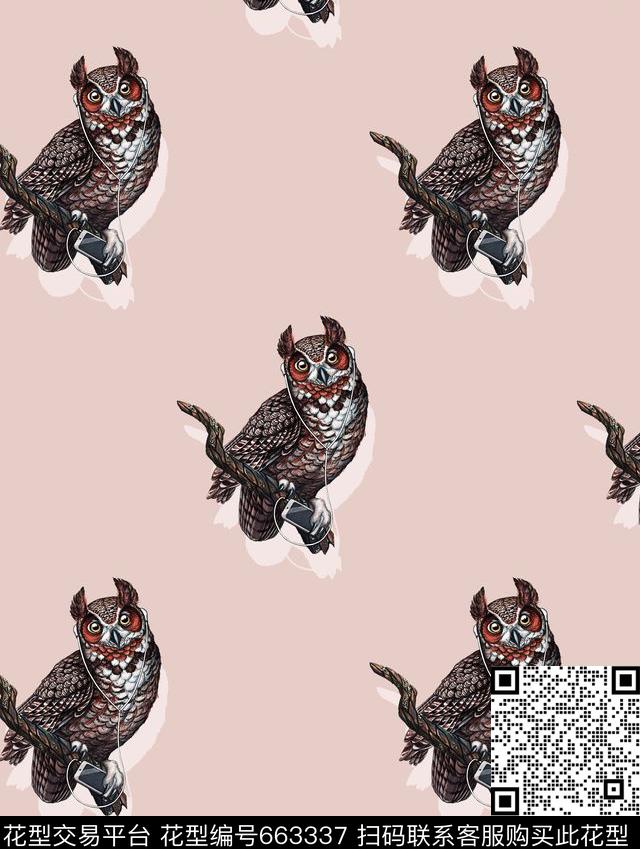 手绘猫头鹰鸟数码印花华亿平台下载（图片编号: 663337） - 瓦栏（Walan）