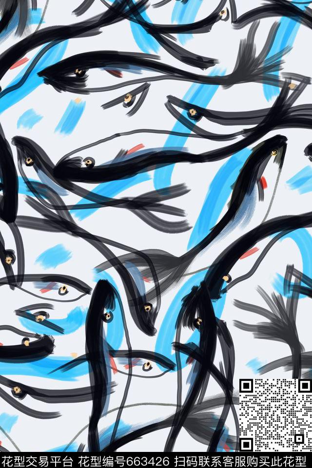 鱼动物水墨传统印花华亿平台下载（图片编号: 663426） - 瓦栏（Walan）