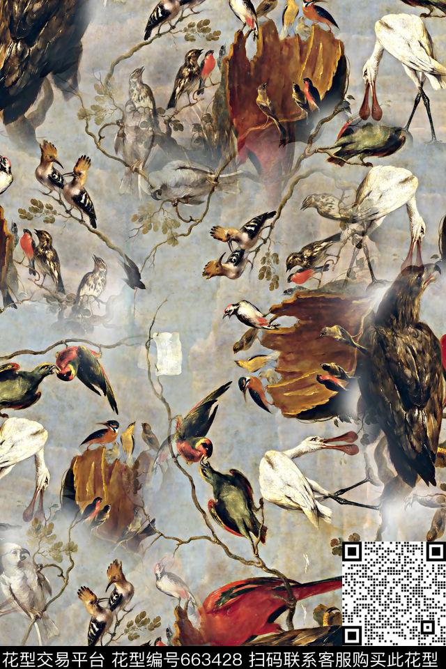 油画鸟儿树枝数码印花华亿平台下载（图片编号: 663428） - 瓦栏（Walan）