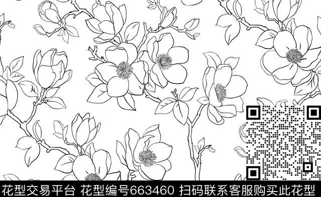 大花花朵玉兰花传统印花华亿平台下载（图片编号: 663460） - 瓦栏（Walan）