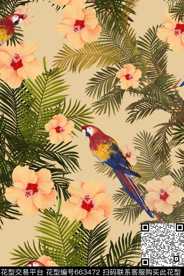 棕榈叶热带鹦鹉数码印花华亿平台下载（图片编号: 663472） - 瓦栏（Walan）