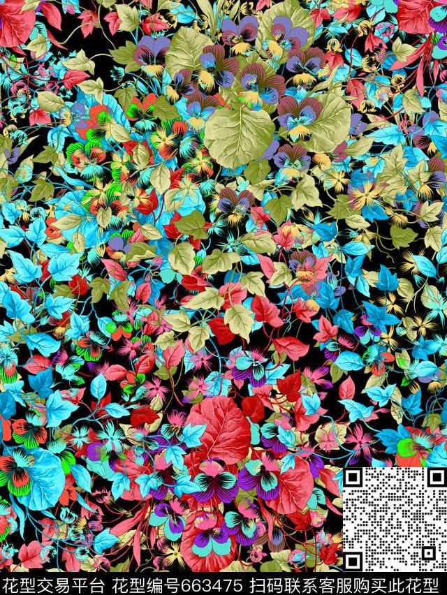 花朵手绘多彩数码印花华亿平台下载（图片编号: 663475） - 瓦栏（Walan）