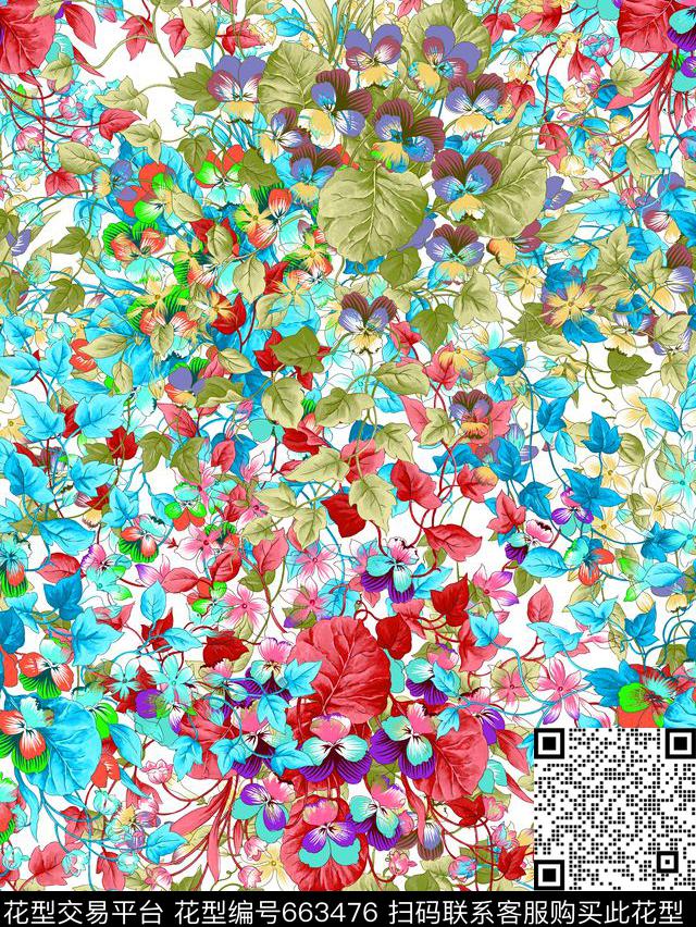 花朵手绘多彩数码印花华亿平台下载（图片编号: 663476） - 瓦栏（Walan）