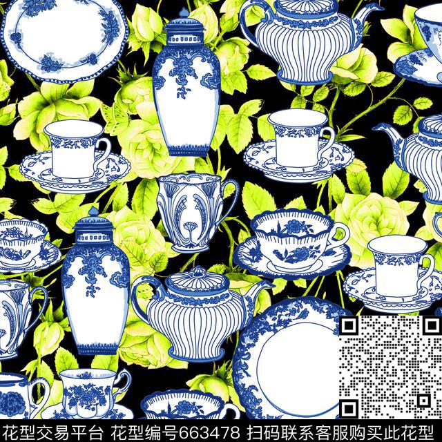 民族风花卉底纹杯子盘子茶壶数码印花华亿平台下载（图片编号: 663478） - 瓦栏（Walan）