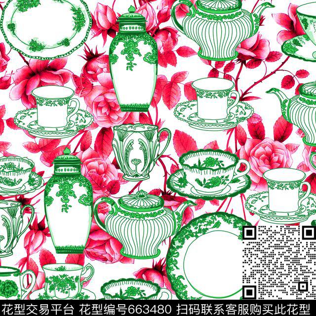 民族风花卉底纹杯子盘子茶壶数码印花华亿平台下载（图片编号: 663480） - 瓦栏（Walan）