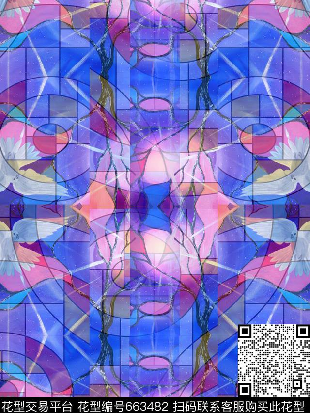 时尚凡蒂尼教堂彩色玻璃鸽子数码印花华亿平台下载（图片编号: 663482） - 瓦栏（Walan）