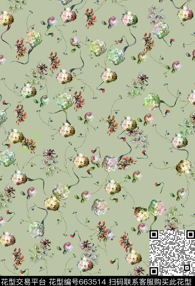 花卉小碎花油画风花卉数码印花华亿平台下载（图片编号: 663514） - 瓦栏（Walan）