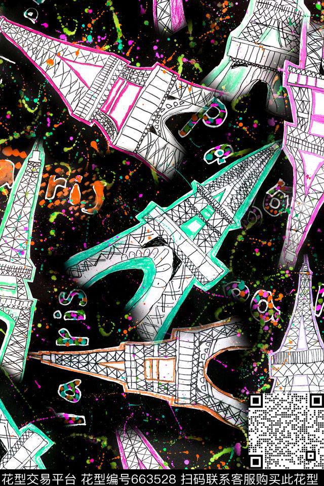 儿童画埃菲尔铁塔抽象数码印花华亿平台下载（图片编号: 663528） - 瓦栏（Walan）