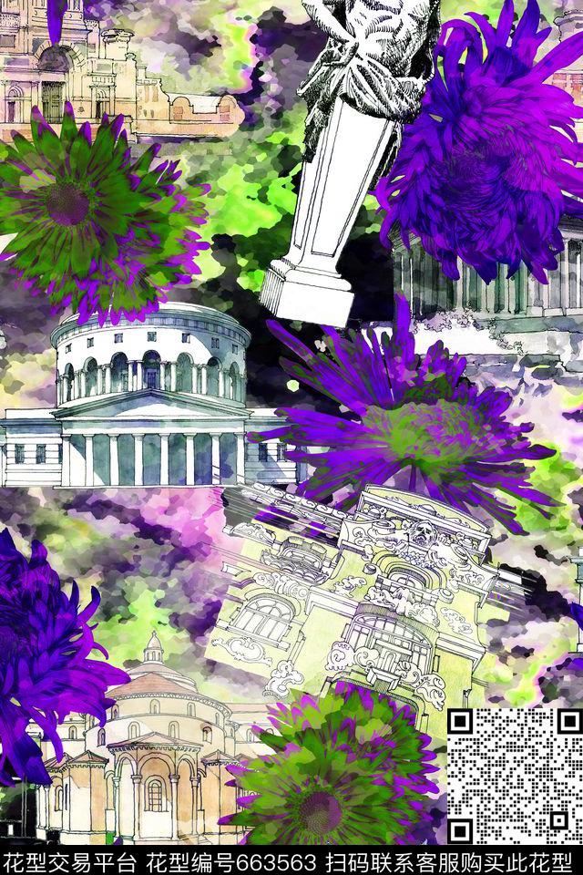 欧洲建筑花卉雕塑数码印花华亿平台下载（图片编号: 663563） - 瓦栏（Walan）