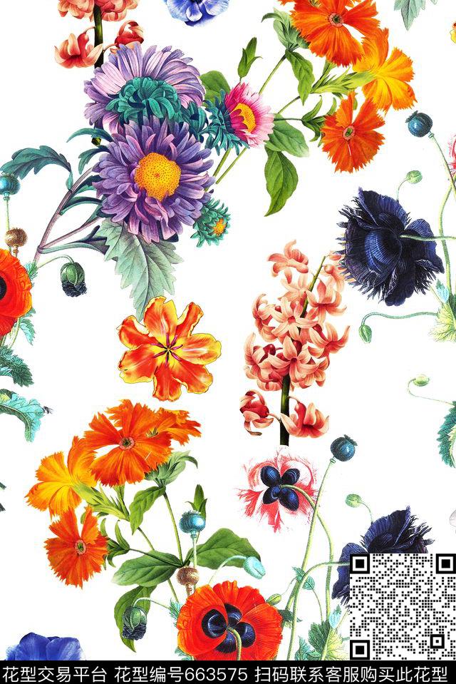 复古兰花花卉小碎花大花数码印花华亿平台下载（图片编号: 663575） - 瓦栏（Walan）