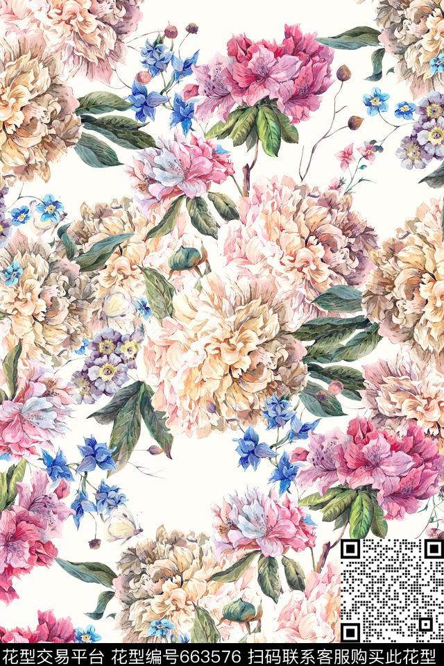 手绘康乃馨花卉数码印花华亿平台下载（图片编号: 663576） - 瓦栏（Walan）