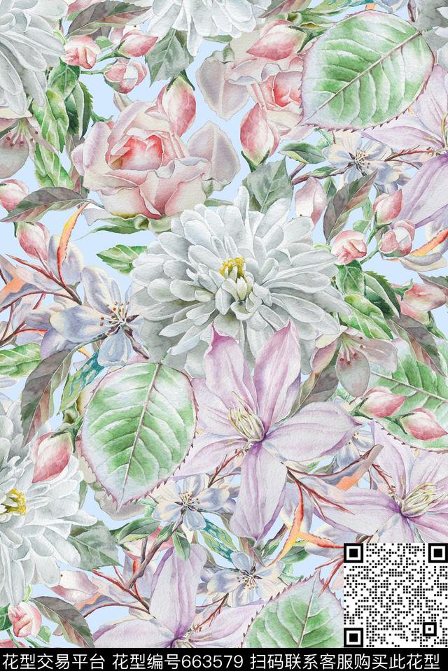 满版手绘淡雅数码印花华亿平台下载（图片编号: 663579） - 瓦栏（Walan）