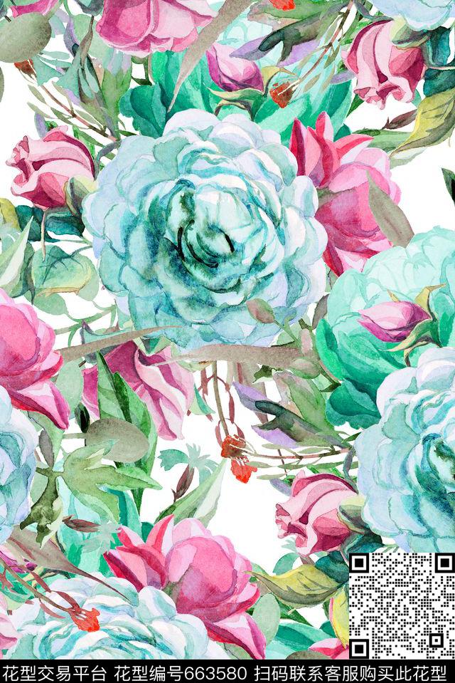 大朵手绘花卉数码印花华亿平台下载（图片编号: 663580） - 瓦栏（Walan）
