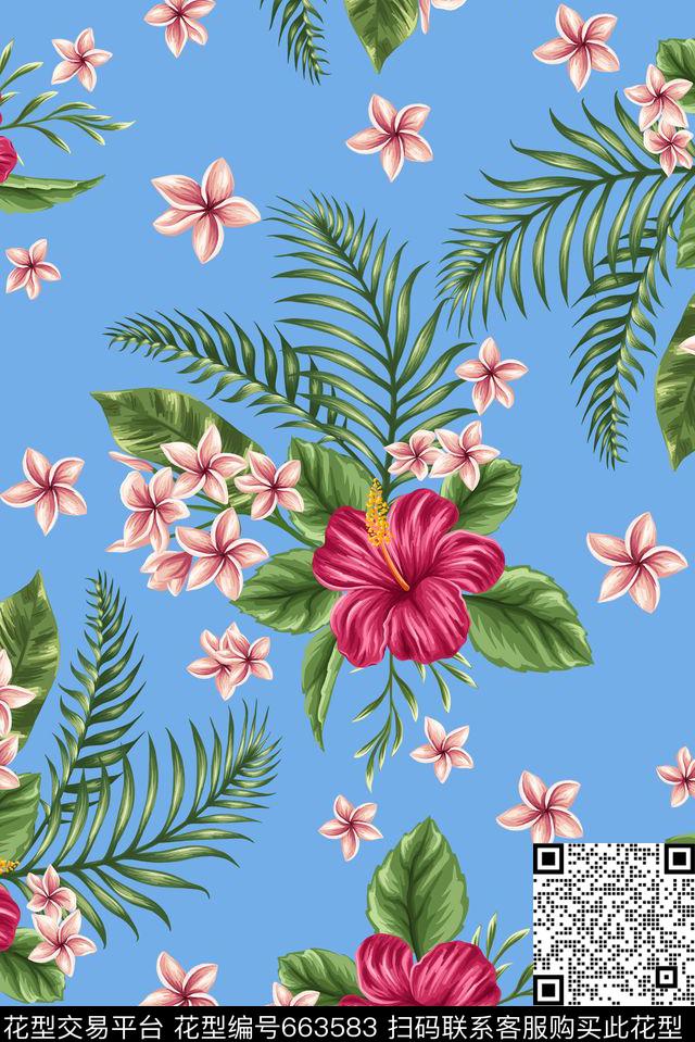 大花天堂鸟花棕榈叶数码印花华亿平台下载（图片编号: 663583） - 瓦栏（Walan）