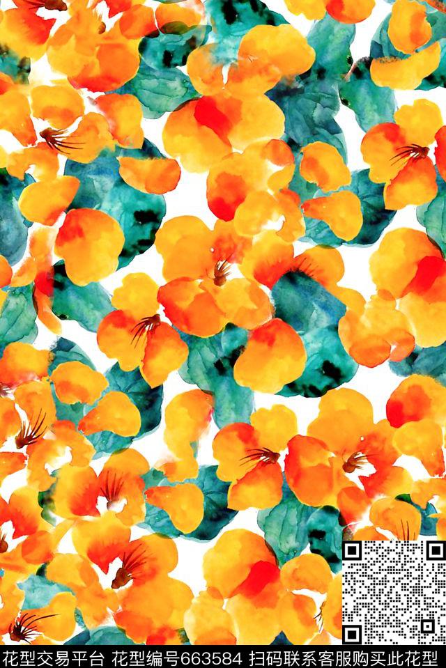 花卉水彩花卉满版花卉数码印花华亿平台下载（图片编号: 663584） - 瓦栏（Walan）