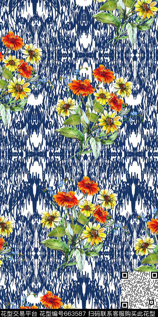 涂鸦小碎花菊花数码印花华亿平台下载（图片编号: 663587） - 瓦栏（Walan）