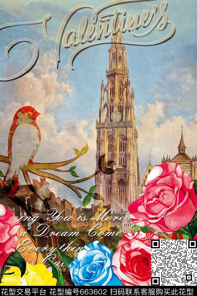 大花鸟建筑数码印花华亿平台下载（图片编号: 663602） - 瓦栏（Walan）