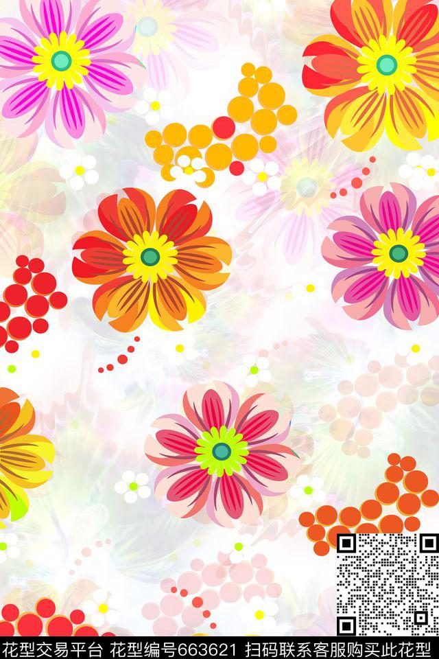 大花花朵圆形大花朵传统印花华亿平台下载（图片编号: 663621） - 瓦栏（Walan）
