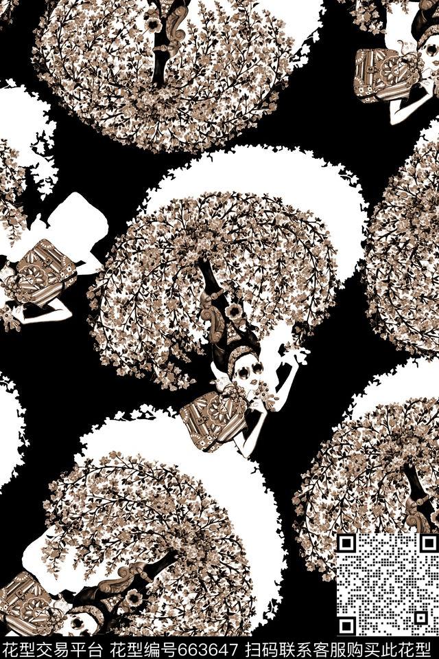 抽象手绘满版图案人物插画手绘画数码印花华亿平台下载（图片编号: 663647） - 瓦栏（Walan）