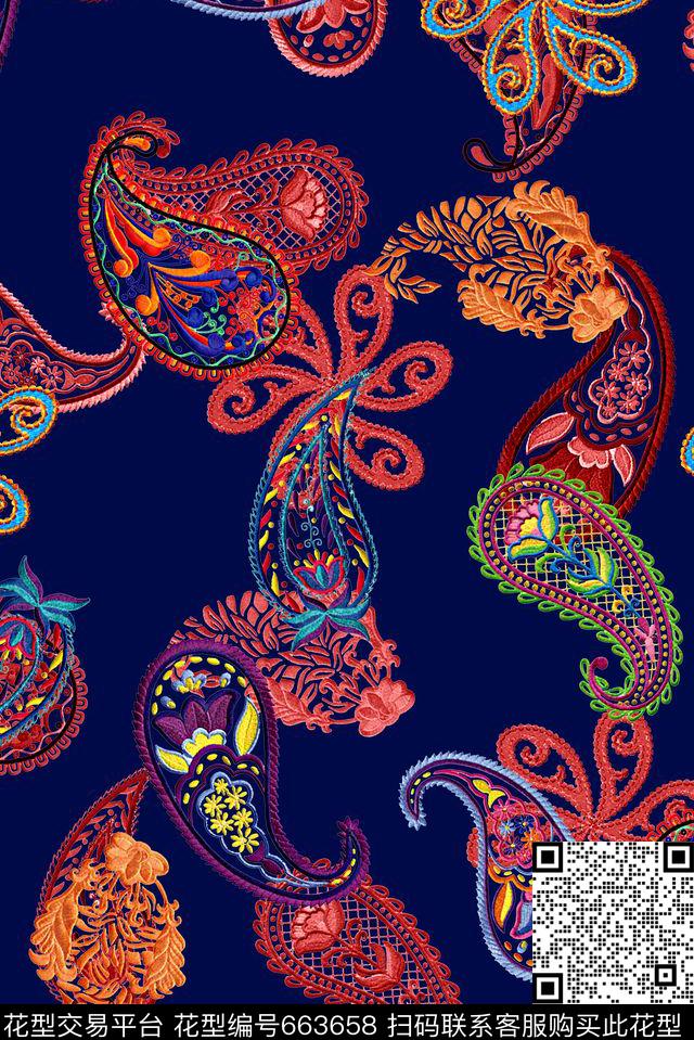 时尚抽象手绘腰果花佩斯利数码印花时尚彩绘绣花数码印花时尚潮流女装泳装裙子外套大牌复古印花数码印花华亿平台下载（图片编号: 663658） - 瓦栏（Walan）