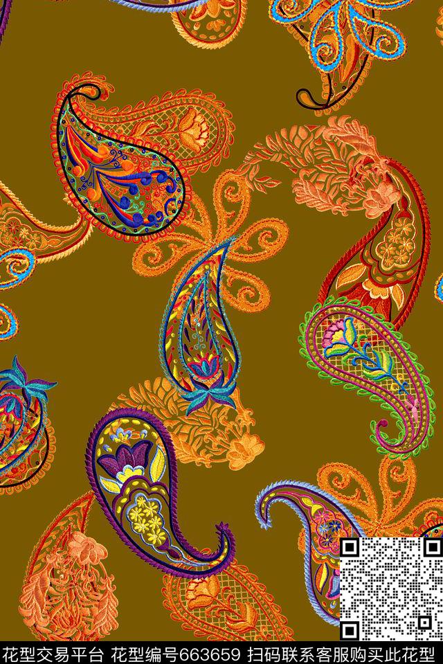 时尚抽象手绘腰果花佩斯利数码印花时尚彩绘绣花数码印花时尚潮流女装泳装裙子外套大牌复古印花数码印花华亿平台下载（图片编号: 663659） - 瓦栏（Walan）