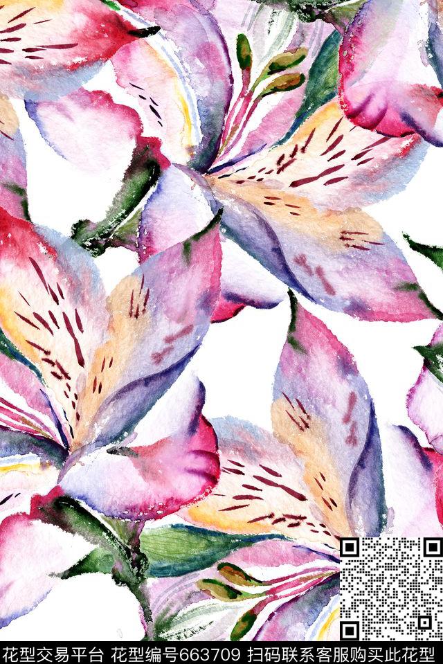 大朵手绘花卉数码印花华亿平台下载（图片编号: 663709） - 瓦栏（Walan）