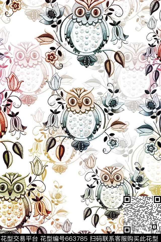 趣味刺绣猫头鹰数码印花华亿平台下载（图片编号: 663785） - 瓦栏（Walan）
