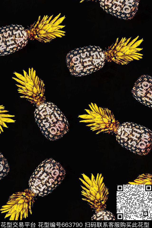 时尚菠萝英文字母数码印花华亿平台下载（图片编号: 663790） - 瓦栏（Walan）