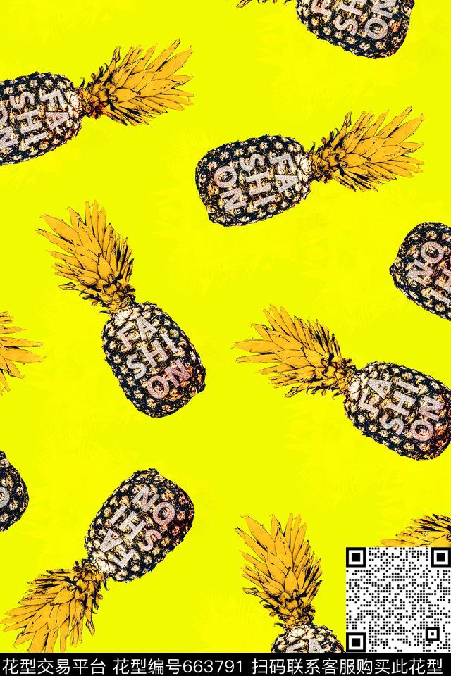 时尚菠萝英文字母数码印花华亿平台下载（图片编号: 663791） - 瓦栏（Walan）
