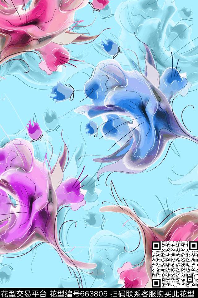 水墨抽象花卉抽象花卉数码印花华亿平台下载（图片编号: 663805） - 瓦栏（Walan）